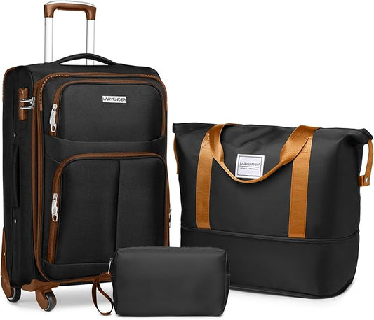 LARVENDER Softside Luggage Sets 3 Piece, Expandable Carry on Luggage 22x14x9 Airline Approved with TSA Lock Spinner Wheels, Lightweight Rolling Suitcase for Men and Women, Black
