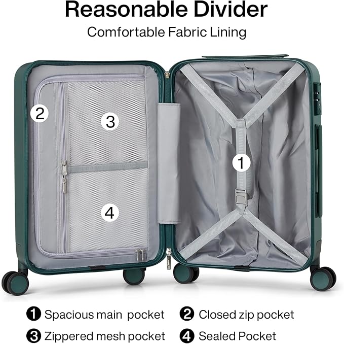 Hanke 3 Piece Luggage Sets with Spinner Wheels, Carry On Luggage Lightweight PC Hard Shell Suitcases Travel TSA Luggage Rolling Checked Bag 20/24/28 Inch Luggage(Blackish Green)