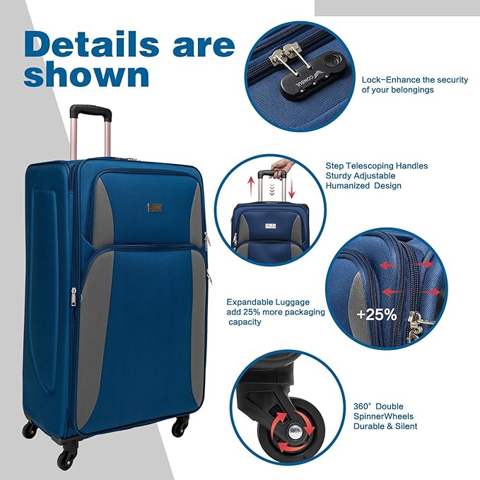 Softshell Luggage Expandable 4 Piece Set (20/24/28/32 Inch) Suitcase Polyester Softside Lightweight Luggage Travel Set Elegant Suitcase (Navy Blue)