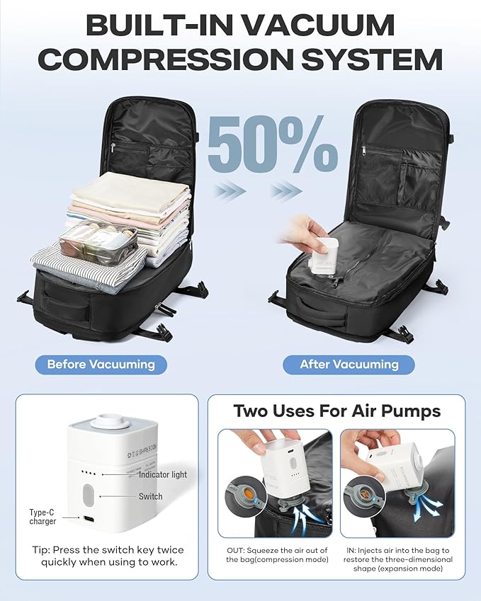coofay Vacuum Backpack Travel with Pump Airbag Travel Backpack with Vacuum System Mochila de Viaje Compresion al Vacio Easyvacpack Vacpack Backpacks for Traveling Carry on Luggage