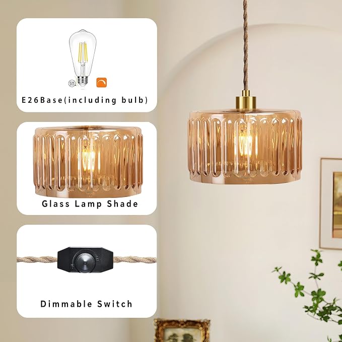 QIYIZM Plug in Pendant Light Hanging Lights with in Cord Mid Century Modern Gold Hanging Lamp Flower Glass Amber Vintage Dimmable Chandelier Ceiling Fixture for Living Room,Kitchen,Boho