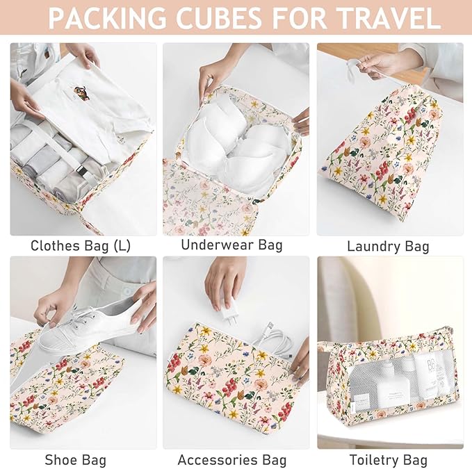 KPX 8 Set Packing Cubes for Travel, Luggage Packing Organizers Accessories Large Toiletries Bag for Clothes Shoes Cosmetics (Retro Flower)