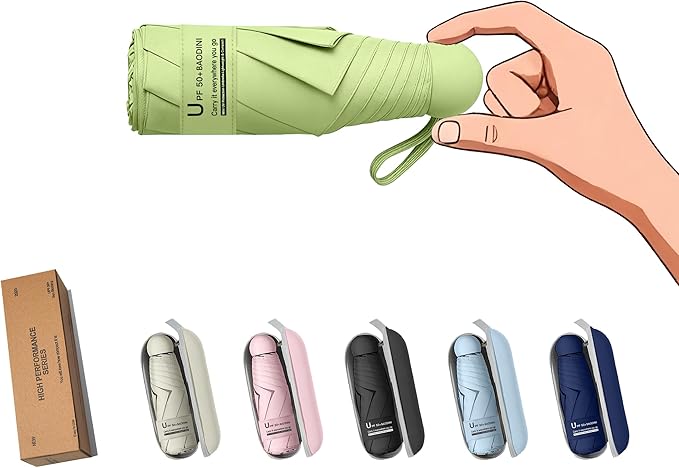 BAODINI Travel Essentials Mini Umbrella for Purse With Case Small Compact UV Sun Protection Lightweight Tiny Pocket Manual Open Close Umbrella for Women Kids and Men Fits Purse Backpack