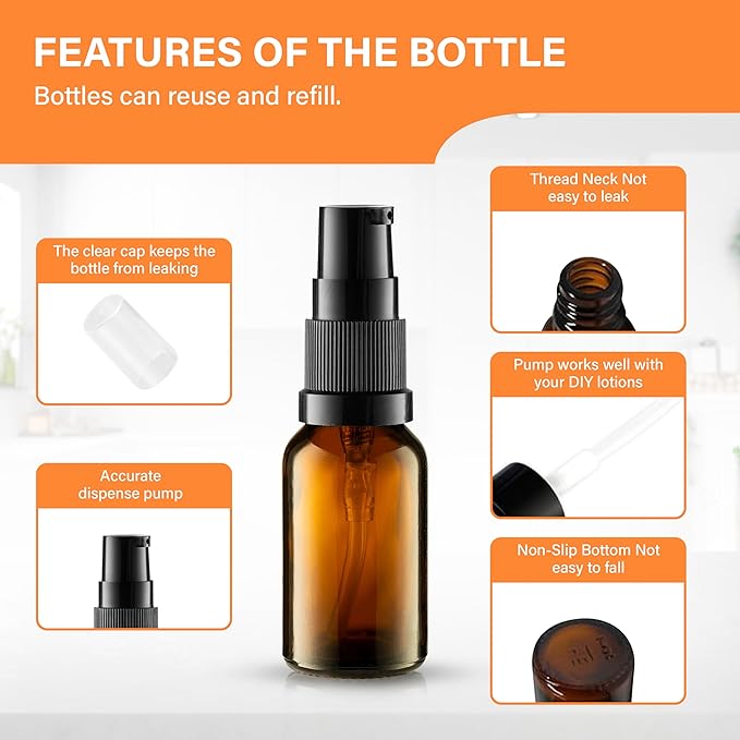 12 Pack Empty Refillable Glass Amber Pump Bottle Ideal for Lotion Cream Essential Oil Travel Small Container, 15ml
