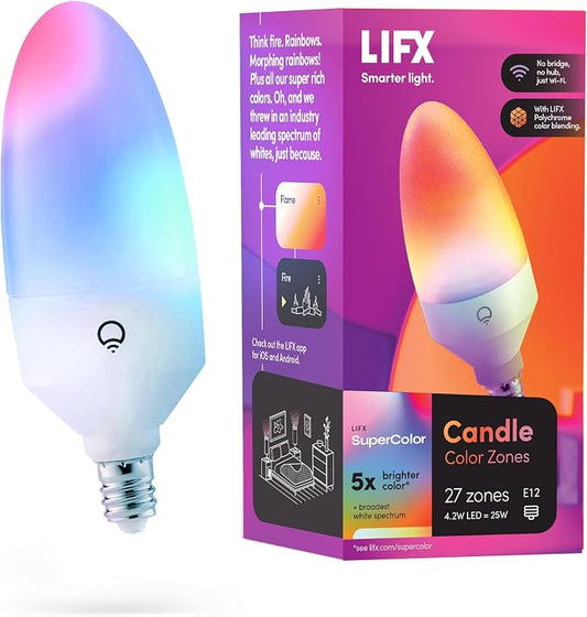 LIFX E12 Candle Color Wi-Fi Smart LED Light Bulb, PolychromeColor, Multi-Zone Dimmable, No Hub Req, App & Voice Control, Compatible with Alexa, Apple HomeKit, Google Assistant & Microsoft Cortana