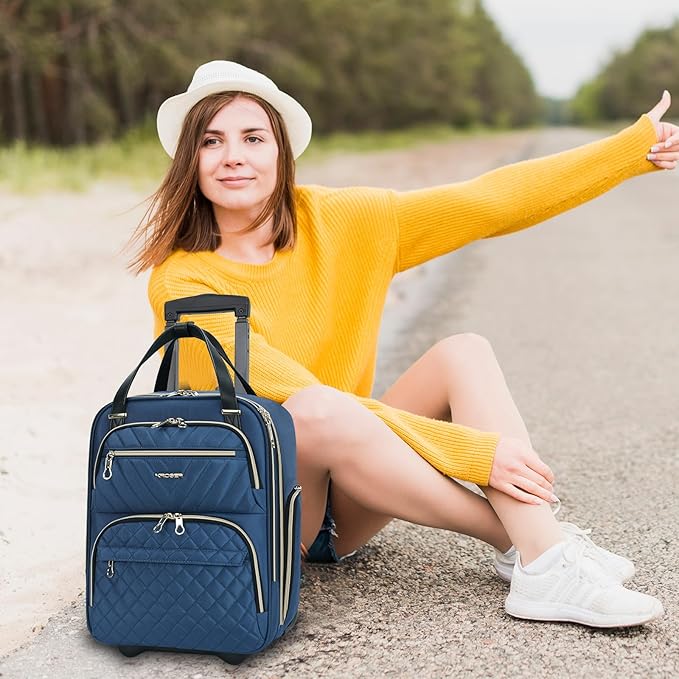 KROSER Carry On Underseat Multi-functional, 16-inch Underseater Lightweight Overnight Suitcase for Men Women, Haze Blue/Gold
