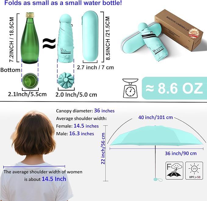 BAODINI Travel Essentials Mini Umbrella for Purse With Case Small Compact UV Sun Protection Lightweight Tiny Pocket Manual Open Close Umbrella for Women Kids and Men Fits Purse Backpack