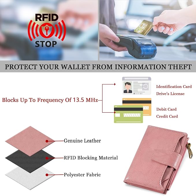 Airkit Small Wallet Women RFID Blocking Soft Leather Bifold Compact Card Holder Wallet for Women with Zipper Coin Pocket 4 ID Window