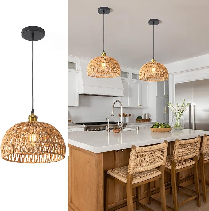 Hanging Lamps Rattan Pendant Light,Cord Bamboo Pendant Light Fixture Hanging Lamp Boho Ceiling Light Fixtures Farmhouse Pendant Lamp Shape for Living Room Bedroom Kitchen,30CM,E26 Base