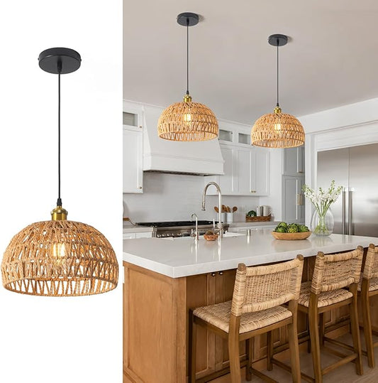 Hanging Lamps Rattan Pendant Light,Cord Bamboo Pendant Light Fixture Hanging Lamp Boho Ceiling Light Fixtures Farmhouse Pendant Lamp Shape for Living Room Bedroom Kitchen,30CM,E26 Base