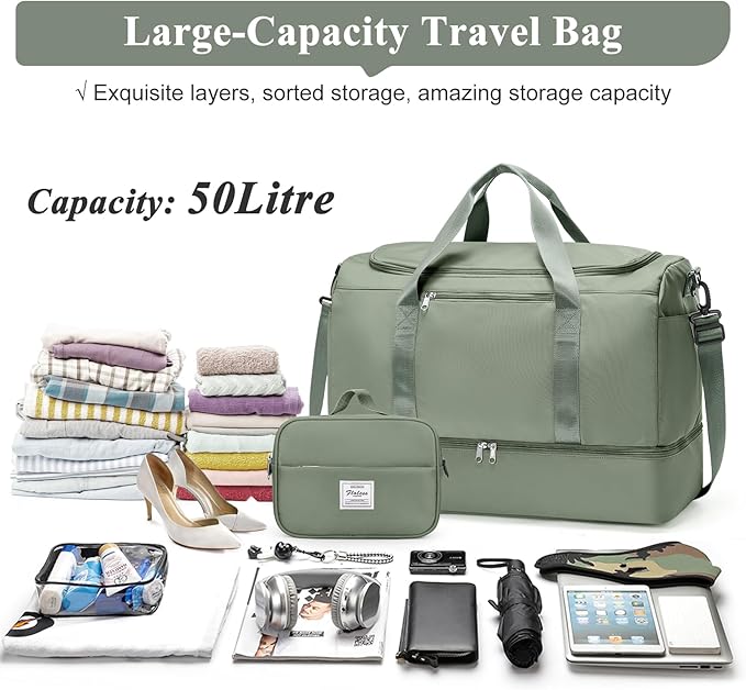 Large Travel Duffle Bag,Carry on Overnight Weekend Bag with Shoes Compartment,Weekender Bags for Women for Travel Business Trips Sport Hospital,2Pcs,Olive Green
