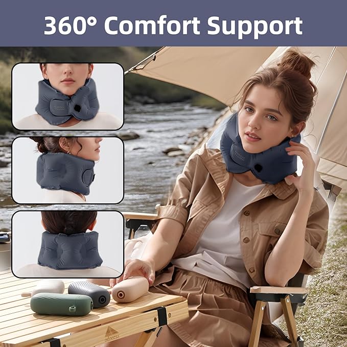 Inflatable Travel Pillow - Travel Pillow for Long Flight, Inflatable Neck Pillow for Traveling, Pocket Blow Up Pillow for Airplane, Bus, Train, Car, Office, Home (Navy Blue)