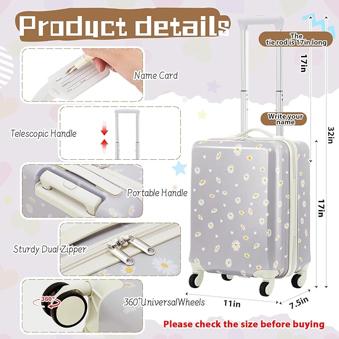 Redbaker 17 Inch 6 Pcs Kids Luggage Set Kids Rolling Luggage Double Pattern Suitcase for Boys Girls (Grey, Daisy Style)