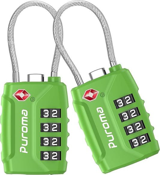 Puroma 2 Pack TSA Approved Luggage Locks, 4 Digit Combination Travel Cable Locks Resettable Code Lock with Zinc Alloy Body for Suitcase, Toolbox, Backpack, Bag, Gym Locker (Basic Green)