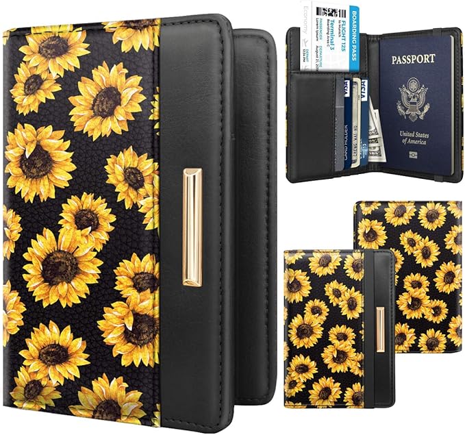 Coco Rossi Women's Black Floral Sunflower Passport Wallet Cover with RFID Blocking, 7 Compartments, 4 Card Slots, Magnetic Closure