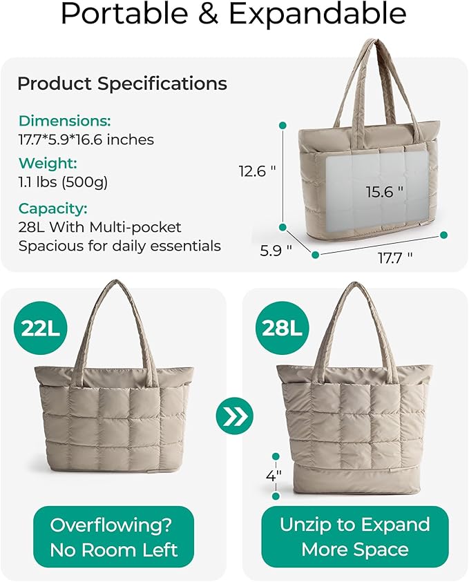 BAGSMART Expandable Tote Bag for Women, Puffer Work Tote Handbag, Quilted Carry On Bag for Travel Gym