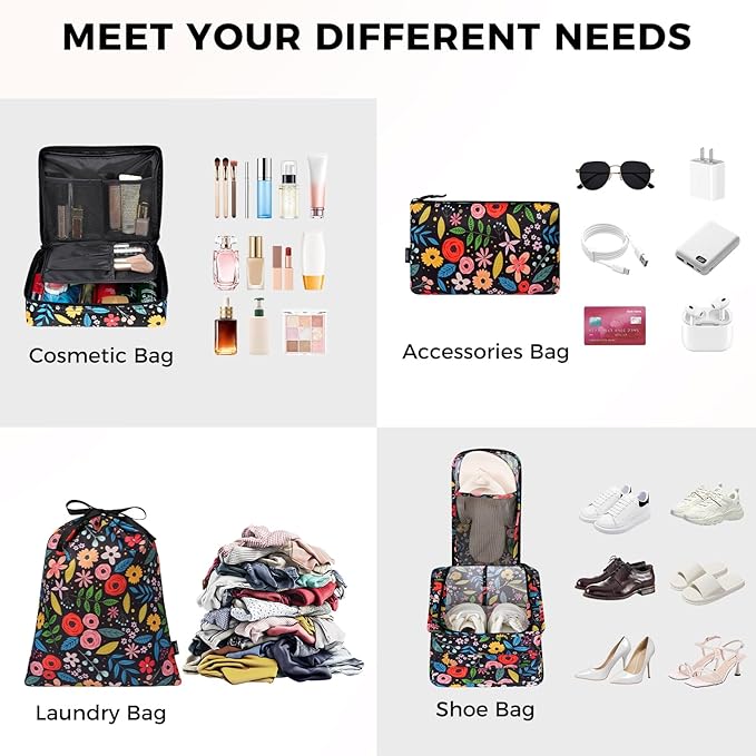 BAGAIL 8 Set Packing Cubes Luggage Packing Organizers for Travel Accessories-Black Floral