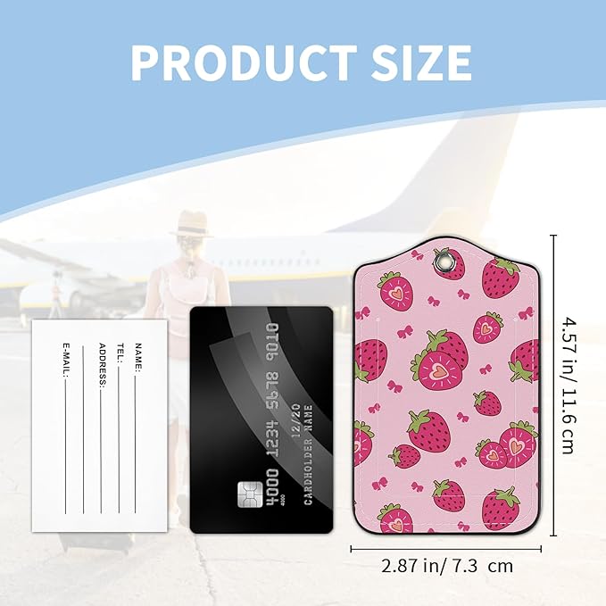 2 Pcs Luggage Tag for Suitcases, Cute Strawberry Bows PU Leather Suitcase Tag Privacy Cover Name ID Label with Metal Loop, Personalized Baggage Identifier for Women Bag Travel Essentials