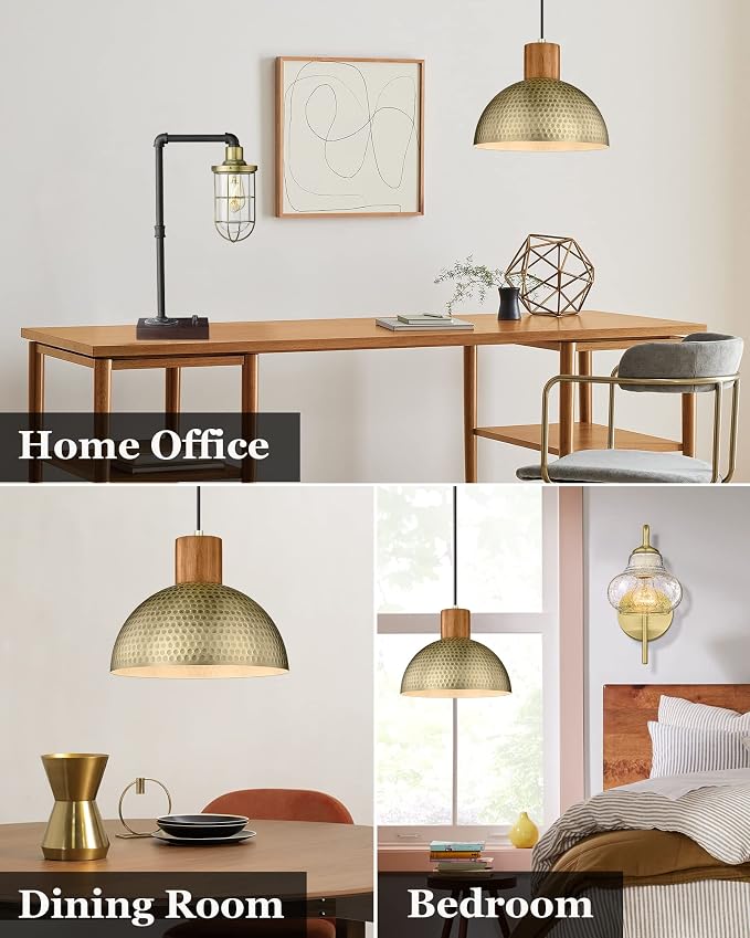 ELYONA 2 Pack Hammered Pendant Lights 12” Vintage Metal & Wood Dome Hanging Lamp Antique Gold Industrial Kitchen Pendant Light Fixtures for Island, Farmhouse, Dining Room, Sink, Hallway, Brushed Brass