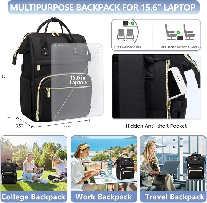 Focdod Backpack for Women 15.6 Inch Laptop Backpack Work Business Backpacks Purse Waterproof Computer College Backpacks Nurse Bag Backbag 2 Sets Casual Daypack for Travel Black