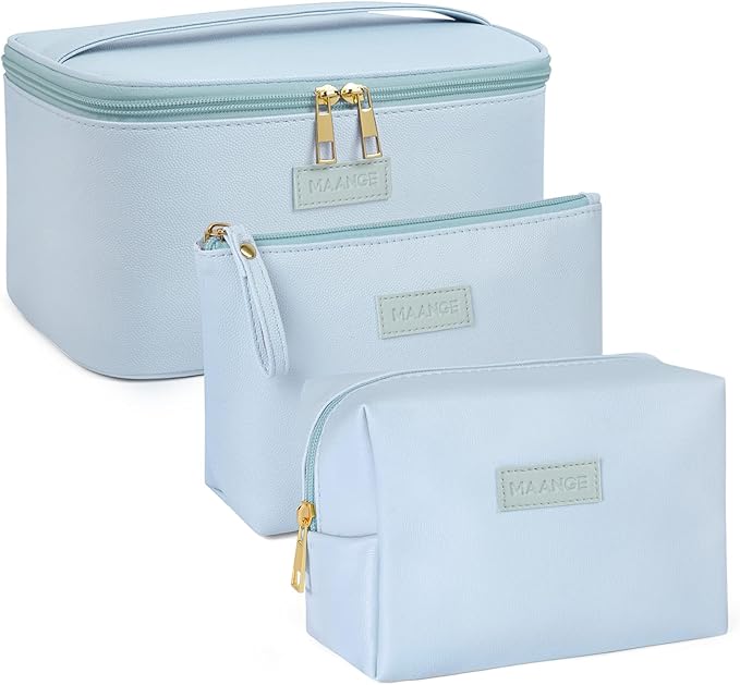 MAANGE Makeup Bag Large Cosmetic Bag with 2pcs Small Makeup Bags Portable Leather Travel Makeup Bag Set Toiletry Bag Make Up Bags for Women and Girls (Blue)
