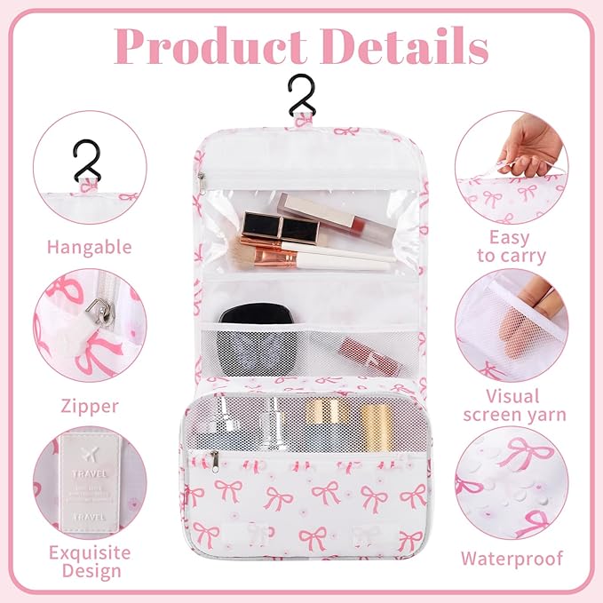 Pengxiaomei Hanging Toiletry Bag, Pink Bow Waterproof Cosmetic Bag Portable Makeup Pouch Wash Bag with Handle for Kids Teen Girls Tea Party Spring Party Mothers Day Gifts