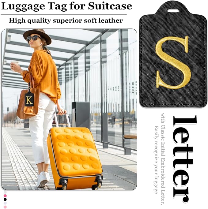 Personalized Initial Luggage Tags for Suitcases,Leather Letter Cute Luggage Tags with Privacy Name Card,Embroidered Monogrammed Travel Bag Backpack Tag Gifts for Women Kids Girls Teens(Black-S)