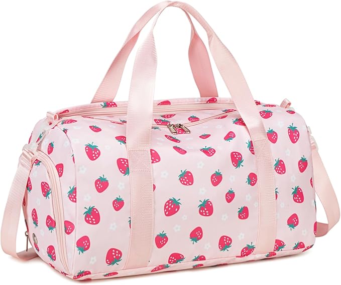 CAMTOP Kids Duffel Overnight Bag Boys Girls Toddler Weekender Carry-On Personalized Tote for Travel Gym Sport (Pink Strawberry)