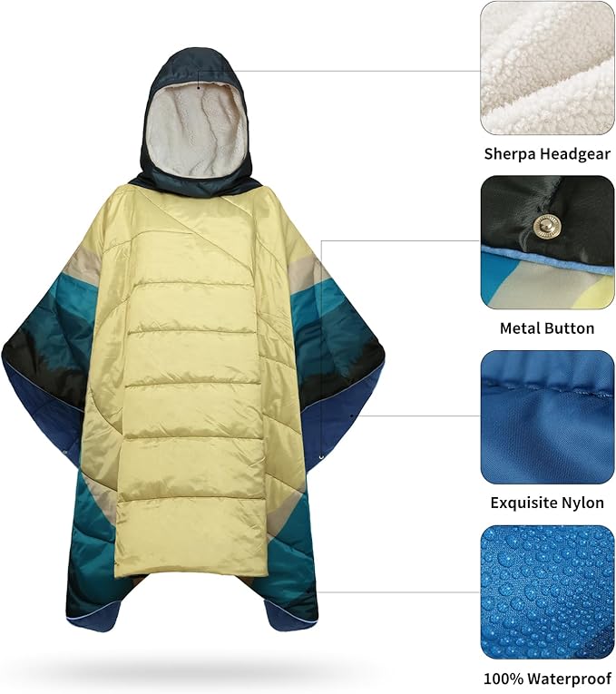 Camping Blanket, Poncho Wearable Hoodie Blankets Outdoor Waterproof Windproof Warm Durable & Portable for Stadium, Concerts, Car,Travel, Beach, Picnic, Grass,75 * 52 inch