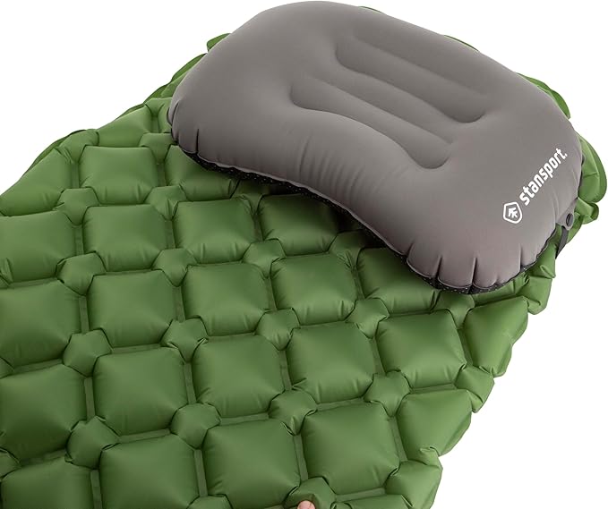 Stansport Lightweight Inflatable Camping Pillow – Ergonomic Ultralight Backpacking Pillow with Stay-Put Sleeping Pad Strap and Anti-Slip Grip – Compact Travel & Hiking Gear with Carry Bag