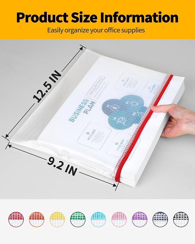 SUNEE Plastic Mesh Zipper Pouch 9.2x12.5 in (9 Colors, 18 Packs),Extra Large Water-Resistant Zip Bag for School Office Supplies, Puzzles & Games Organizing Storage