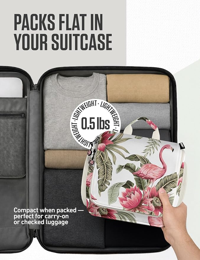 VENTURE 4TH Hanging Travel Toiletry Bag for Women & Men – Large Toiletry Organizer with 17 Compartments, Removable TSA Pouch, Travel Wash Bag for Toiletries, Makeup & Shaving Kit (Pink Flamingo)