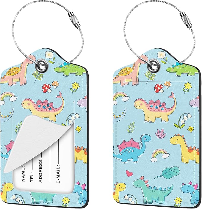 2 Pcs Luggage Tag for Suitcases, Cute Dinosaur PU Leather Suitcase Tag Privacy Cover Name ID Label with Metal Loop, Personalized Baggage Identifier for Women Cruise Bag Travel Essentials