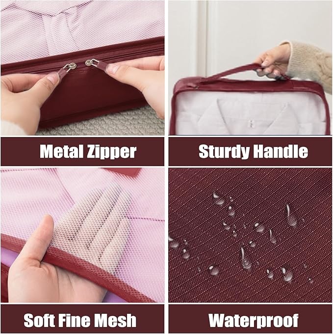 6 Set Packing Cubes for Travel Luggage Packing Bags Reusable Waterproof Suitcase Organizer Bags Set with Shoe Bag and Toiletry Bag (Wine Red)