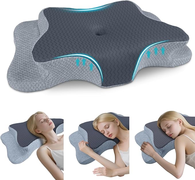 Cervical Pillow for Neck Pain Relief, Memory Foam Pillows, Ergonomic Contour Bed Pillow, Soft for Side Sleep Stomach Sleeping and Back Sleepers-Queen Size Grey&Grey