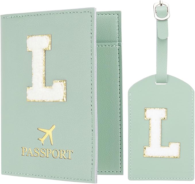 PATIKIL Passport Holder for Travel, Initial Passport Cover and Luggage Tag Set with Alphabet Chenille Letter Patch Travel Wallet Bag Suitcase Identifier for Women Family Travel Green L