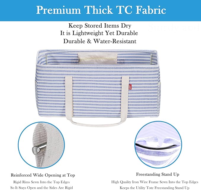 LHZK 2 Pack Extra Large Utility Tote Bag with Metal Wire Frame and the Sides Rinforced, Extra Large Tote Bag with Handle for Pool Beach Laundry Storage (Blue) | 22.5''x10.5''x12''