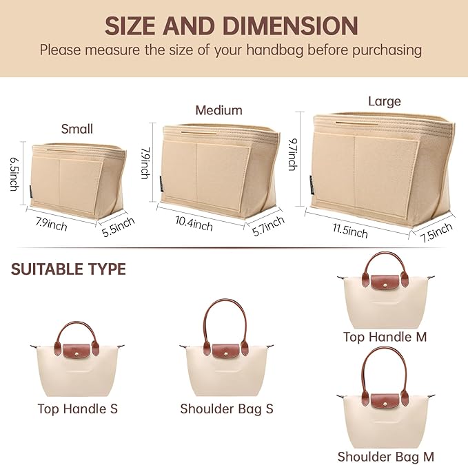 OPPOSHE Purse Organizer Insert for Longchamp Le Pliage, Premium Felt Long Champ Bag Handbag Women, Tote Organizer Insert with 6 Compartments (Small, Beige)