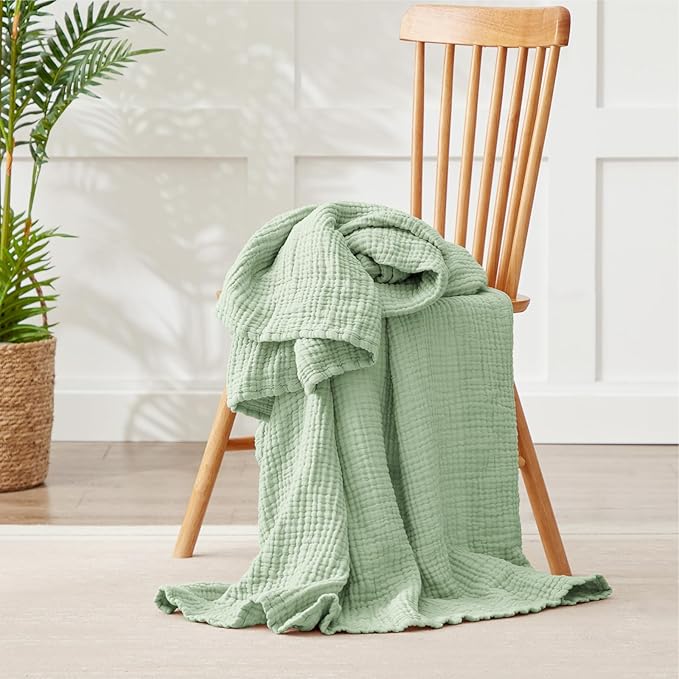 100% Cotton Muslin Blanket Large 50" x 70", 6 Layers Breathable and Lightweight Cotton Throw Blanket for Bed and Couch, Soft Quilt Bedspread, Gauze Blanket for Adults All Season, Sage Green