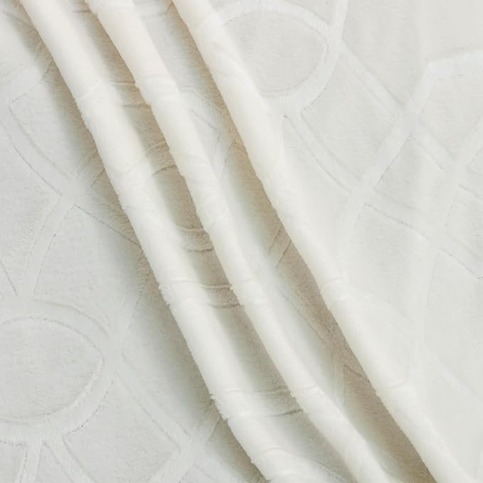 Soft Cozy Fleece Queen Size Blanket, 90x90 Inches – Lightweight Plush Blanket for Bed, Fuzzy 3D Jacquard Design - Ivory White