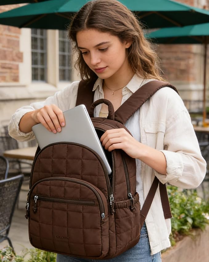 BAGSMART College Laptop Backpack, Travel Backpack for Women, Quilted Casual Daypack, Water-Resistant Bookbag for 15.6 Inch Laptop, Chocolate