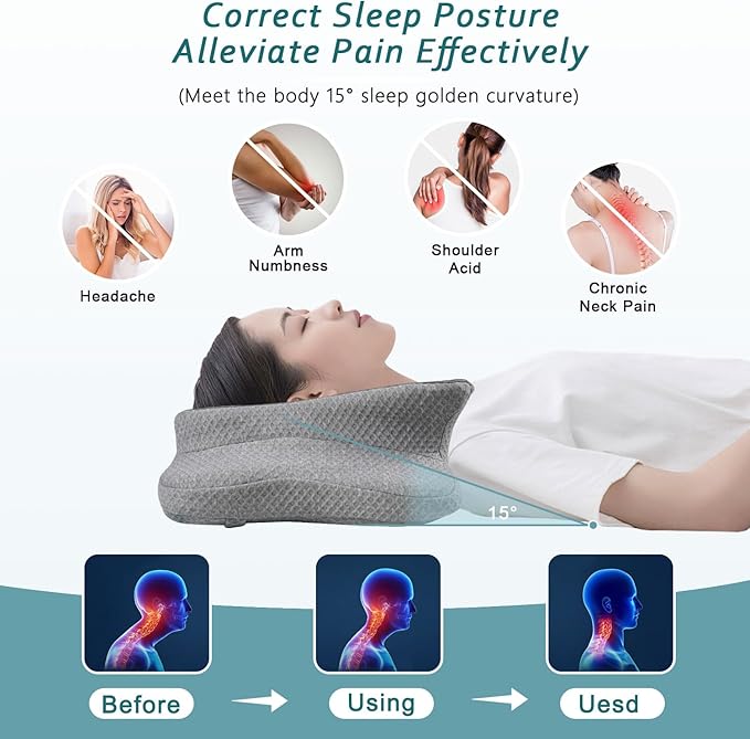 Cervical Neck Pillow for Pain Relief Sleeping, Memory Foam Pillows, Ergonomic Side Sleeper Pillows, Orthopedic Neck Support Pillow for Back Stomach Sleepers-King Size Grey&Grey