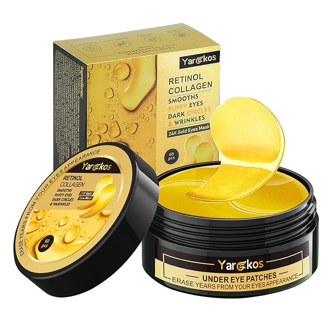 60 Pcs 24K Gold Under Eye Patches, 30 Pairs Undereye Mask for Puffy Eyes Dark Circles Treatment, Collagen Gel Pads Hydrating for Eye Bags Puffiness Wrinkle, Women Men Beauty Skin Care Products