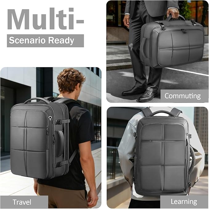 Travel Backpack, Extra Large 50L Flight Approved Carry on Backpack, Expandable Waterproof Business Suitcase Daypack Big Bag Fits 18.4 Inch Laptop, Grey