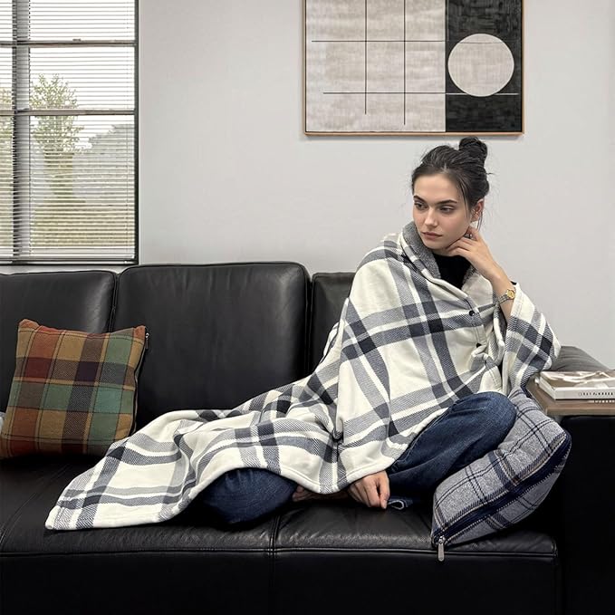 forestfish Wearable Blanket Compact Pillow 2-in-1, Lap Blanket Poncho with Button Plaid Throw Cushion for Home Office Sofa