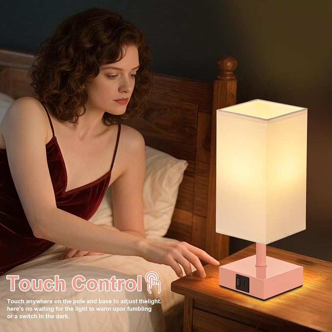 Touch Table Lamp for Bedroom - Dimmable, USB C+A, White Lamphade Pink Base | 3-Way Dimmable, 3000K LED Bulb Included, Square Lampshade, Cute Room Decor for Teen Girls, Kids, Small Lamp for Dorm, Nursery