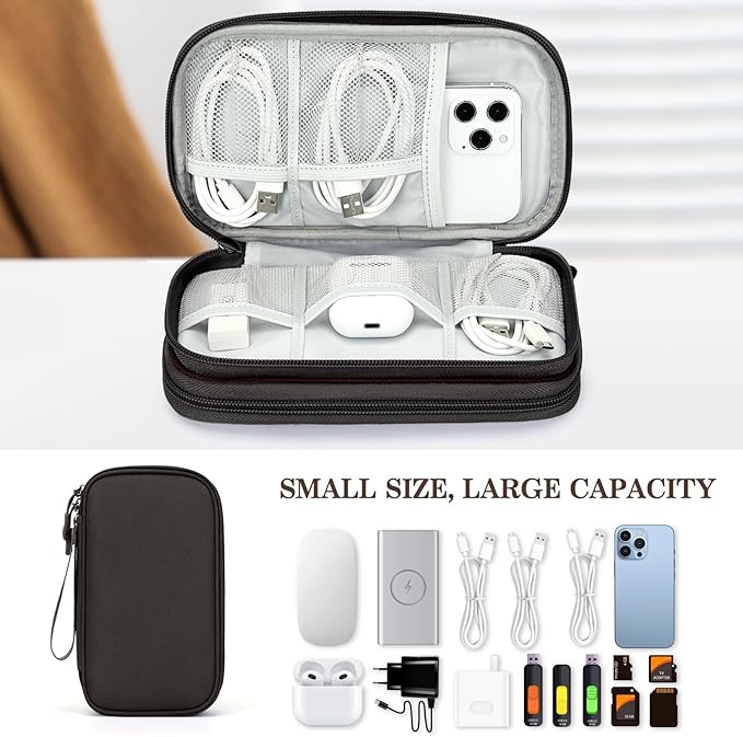 FYY Electronic Organizer, Travel Cable Organizer Bag Pouch Electronic Accessories Carry Case Portable Waterproof Double Layers Storage Bag for Cable, Charger, Phone, Earphone, Medium Size, Coffee