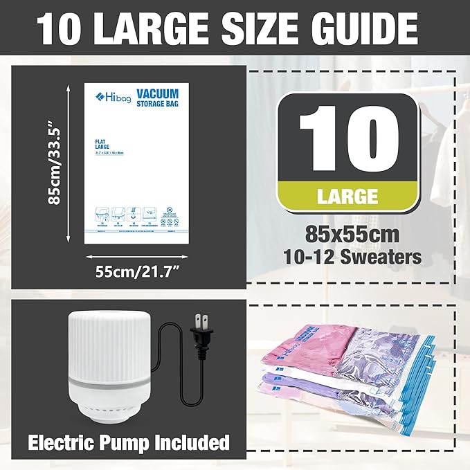 HIBAG Vacuum Storage Bags with Electric Pump, Vacuum Seal Bags for Clothing, Pillows, Blanket Bedding Comforters, 10 pack Large