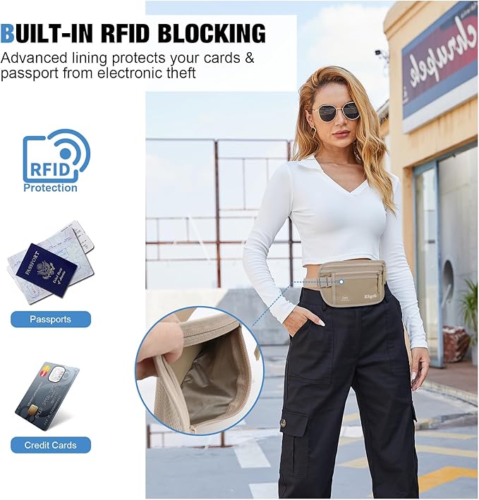 Money Belt for Travel Women and Men Hidden - Slim RFID Blocking Travel Wallet with Secure Anti-Theft Pouch, Passport Holder for Passport, Credit Cards, Cash Under Clothes