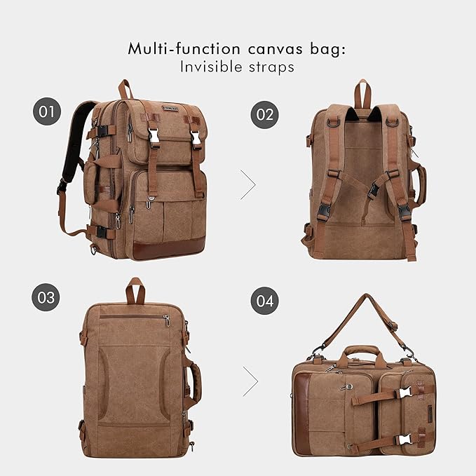 WITZMAN Canvas Travel Backpack for Men Large Laptop Backpack Fit 16 inch Carry-on Airline Approved Convertible Shoulder Rucksack(A6617-3 Brown)